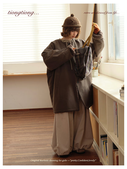 △裏地はたっぷりボアで暖か ドロップショルダーゆったり  ノーカラーコート△