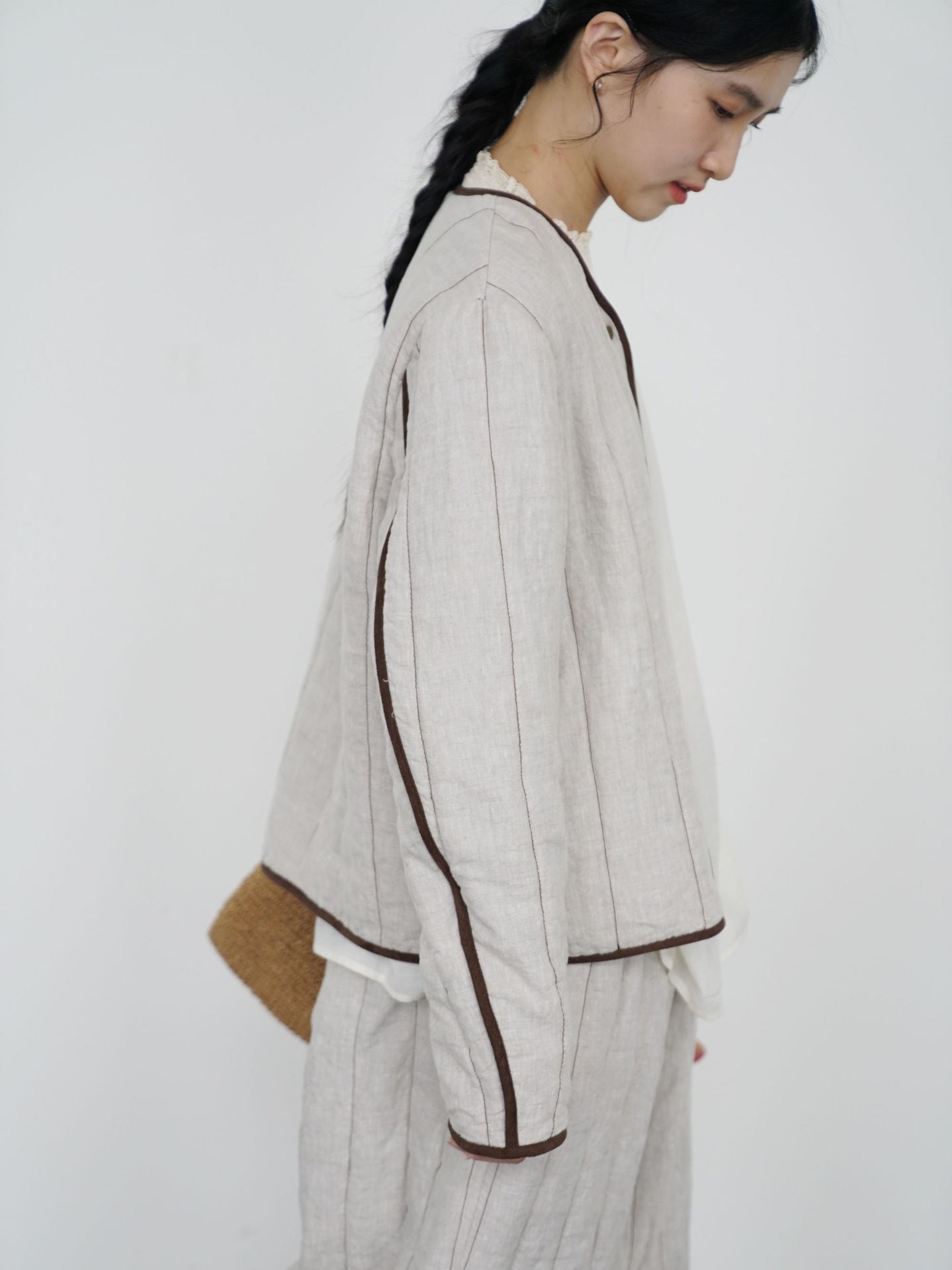 ◇軽量  暖か リネン ノーカラー スナップボタンジャケット◇