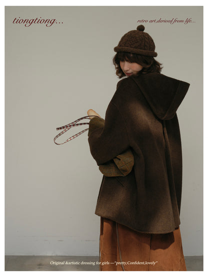 ２色展開◇ダブルフェイスウール×ヤク×シルクで暖かドロップショルダーゆったり フーディーコート◇