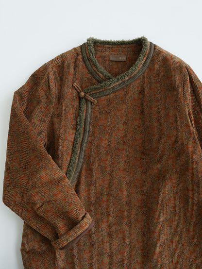 小ぶりなフラワープリントが可愛い◇中綿コーデュロイ ボア装飾 オリエンタルコート◇