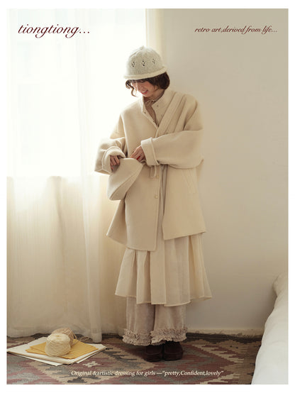 ２色展開△ダブルフェイスウール×キャメルで暖か ドロップショルダーゆったり  スタンドカラーコート△バッグ付き