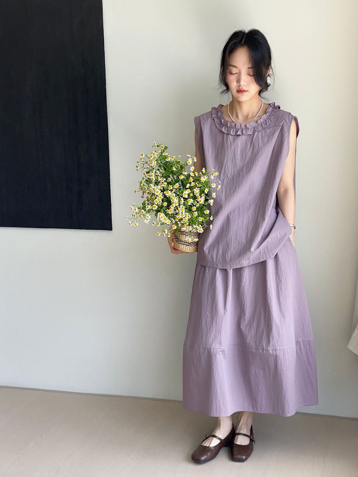 セットアップデザイン◇2色展開◇フリルネックブラウス＆ロングスカート◇M/Lサイズ