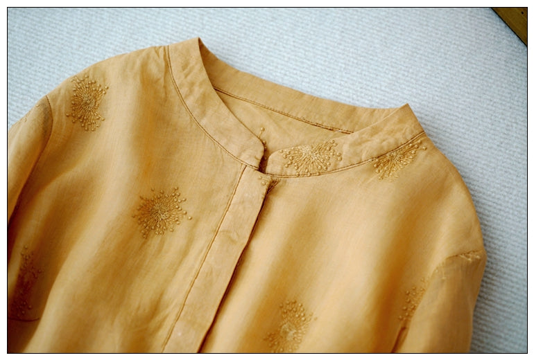 2色展開◇繊細な刺繍装飾◇ラミー苧麻100％ 7分丈ロングバンドカラーワンピース◇裏地付き