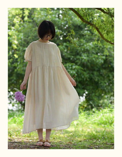 3色展開☆レース＆ピンタック  ラミー ウエストギャザー 5分丈ワンピース☆裏地付き