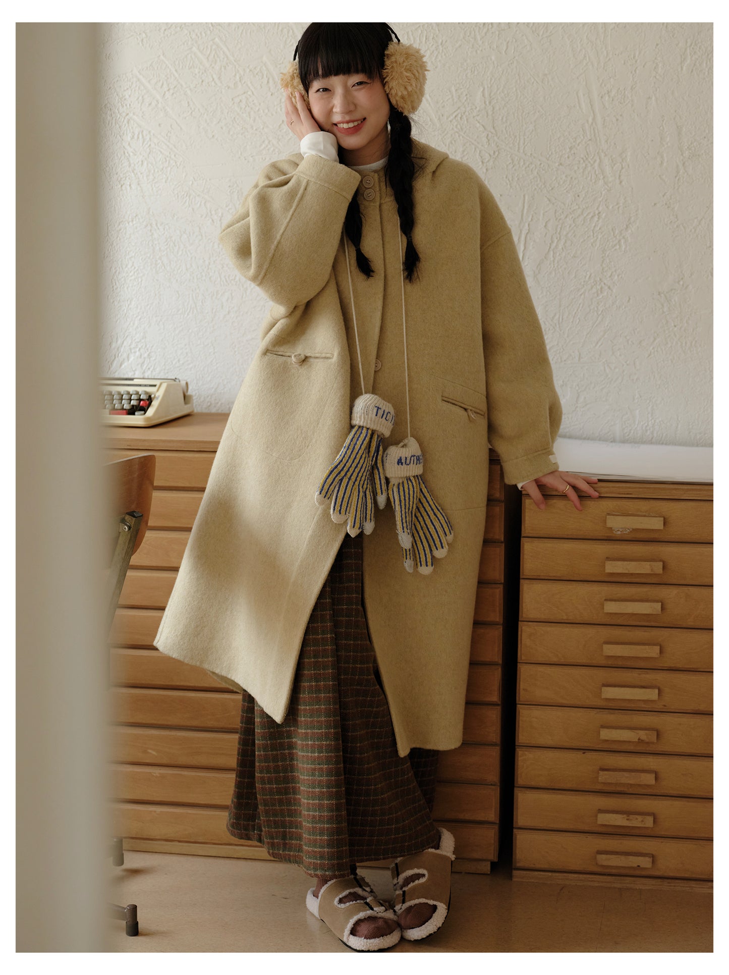 ◇ダブルフェイス メリノウールで暖かドロップショルダーゆったり フーディーコート◇