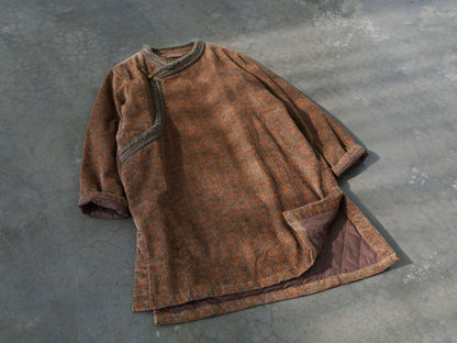 小ぶりなフラワープリントが可愛い◇中綿コーデュロイ ボア装飾 オリエンタルコート◇