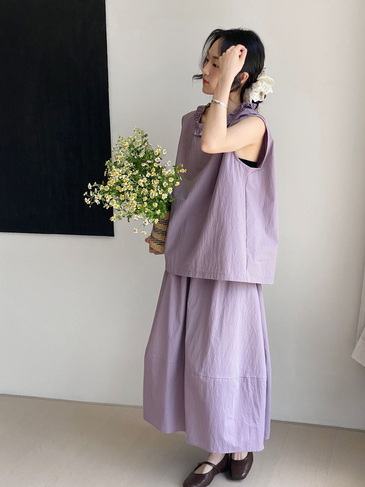 セットアップデザイン◇2色展開◇フリルネックブラウス＆ロングスカート◇M/Lサイズ