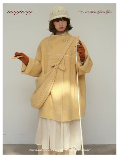 3色展開◇ダブルフェイス ウール×キャメルウールで暖かドロップショルダーゆったりコート◇バッグ付き