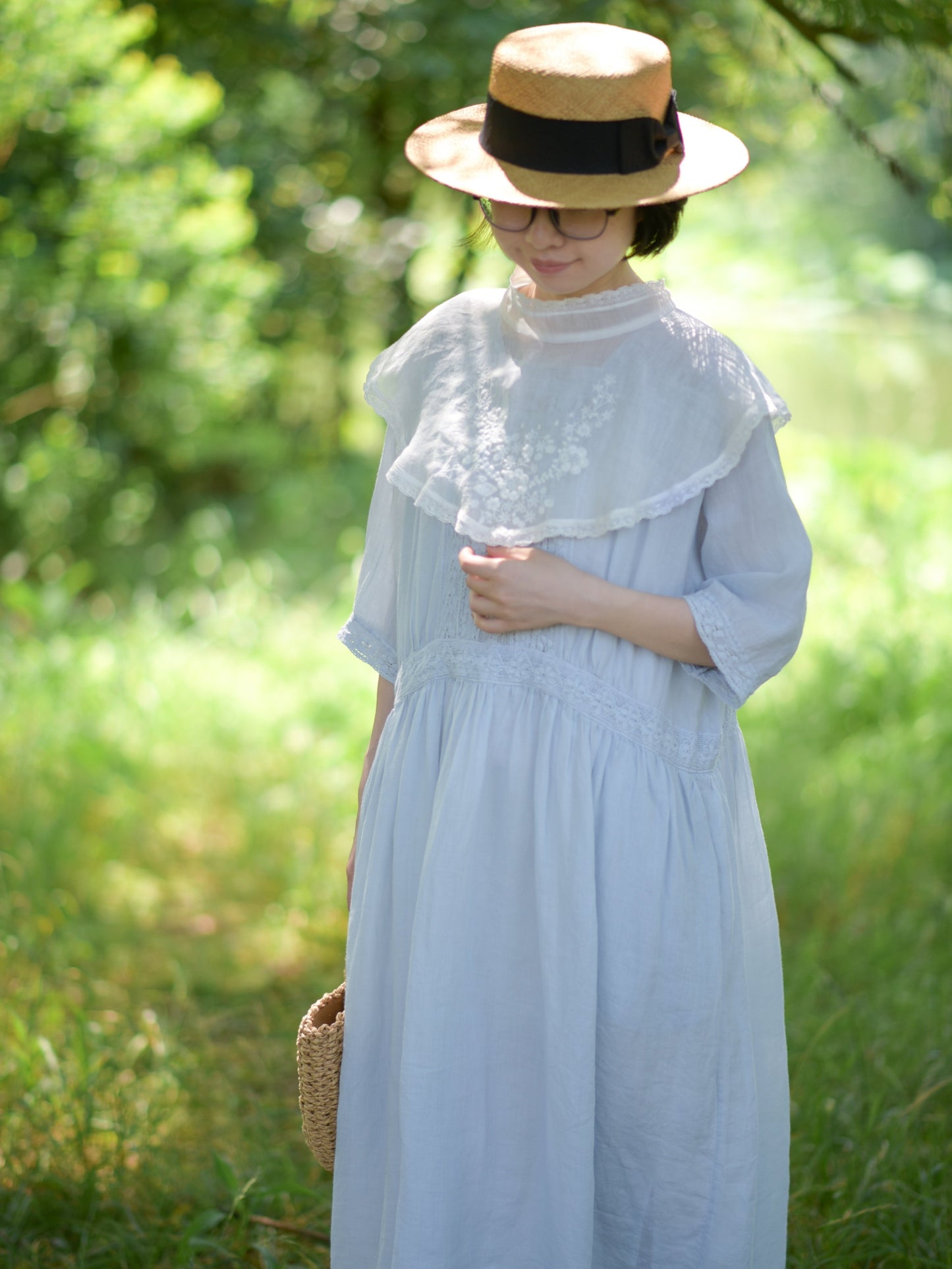 ◇レース＆ピンタック  ラミー ウエストギャザー スクウェアネックワンピース◇