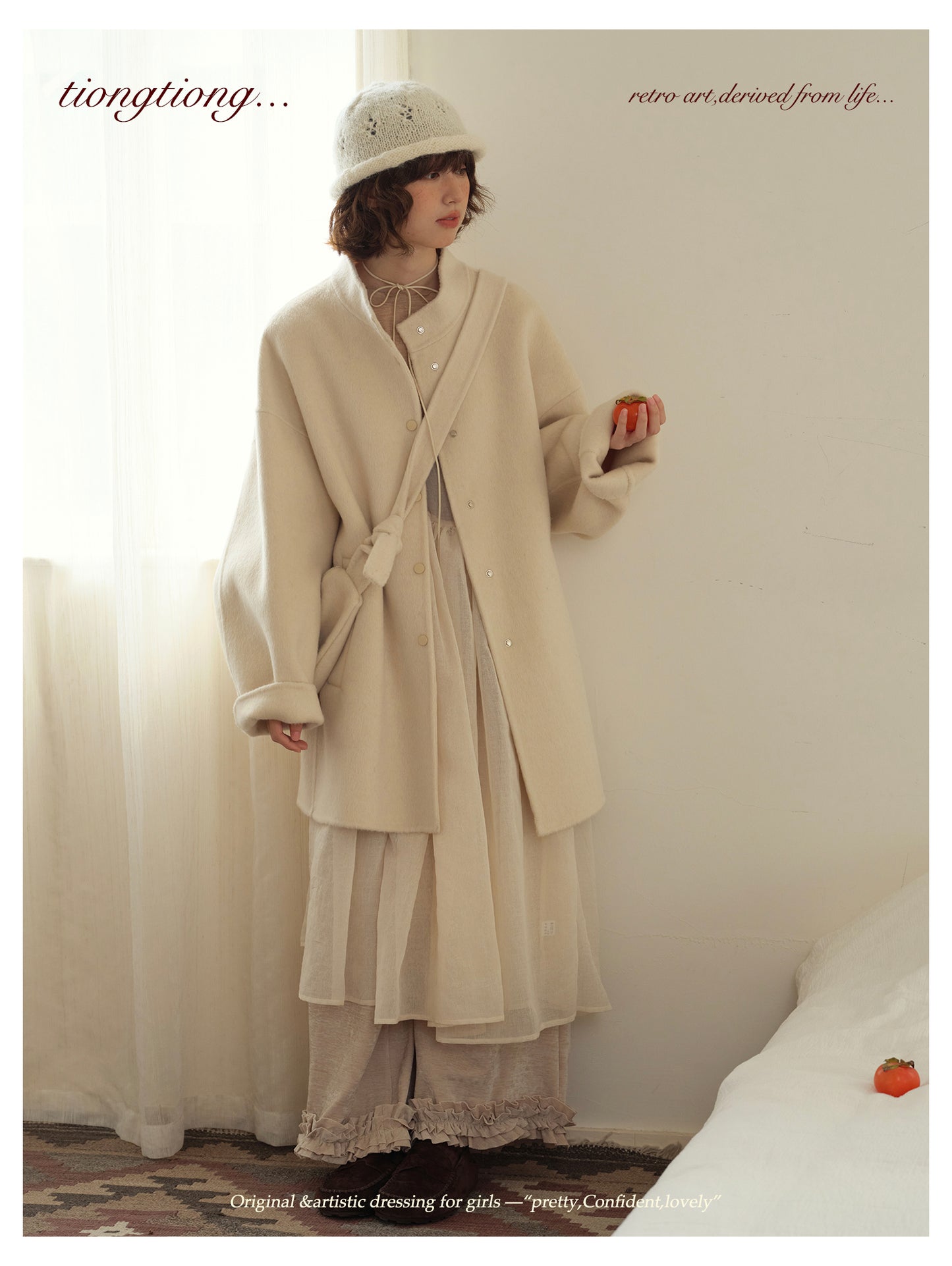 ２色展開△ダブルフェイスウール×キャメルで暖か ドロップショルダーゆったり  スタンドカラーコート△バッグ付き