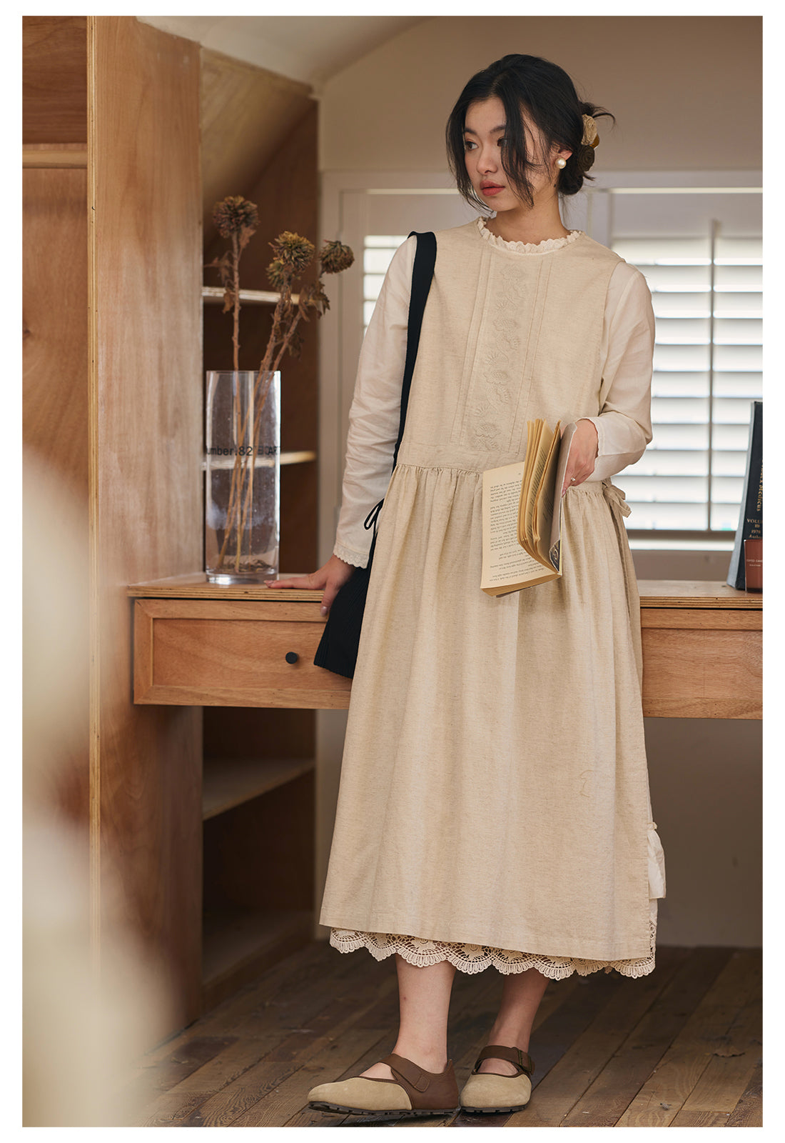 ◇ボタニック刺繍 ウエストギャザー リネンコットン ジャンスカ ワンピース◇