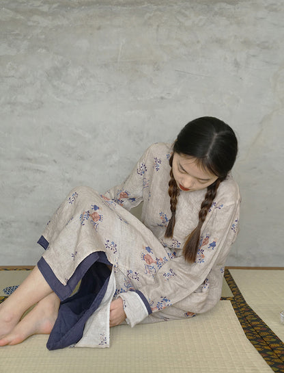 ◇可愛いボタニックプリント◇リネンワンピースドレス◇