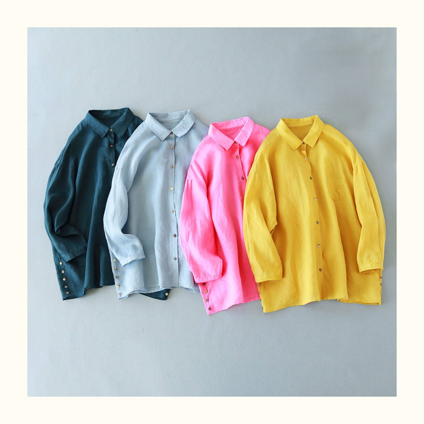 6色展開◇ゆったりシルエット◇ラミー ドロップショルダー 9分丈シャツ ブラウス ◇