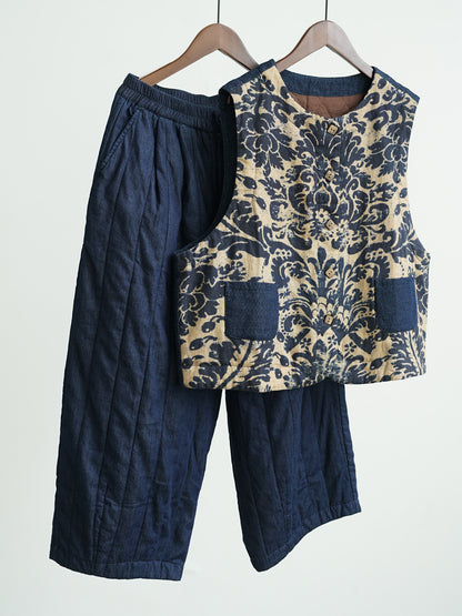 ✩バティック柄 ボタニックプリント リネン 切り替え中綿ベスト☆