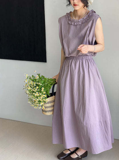 セットアップデザイン◇2色展開◇フリルネックブラウス＆ロングスカート◇M/Lサイズ