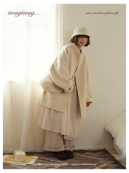 ２色展開△ダブルフェイスウール×キャメルで暖か ドロップショルダーゆったり  スタンドカラーコート△バッグ付き