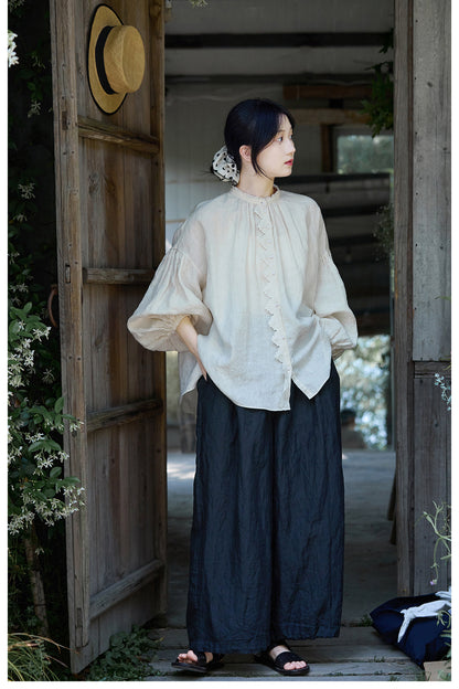 ✩品のある前立て＆ネックのフリル使い✩リネン ギャザー＆フリル ドロップショルダー ブラウス✩ M/Lサイズ