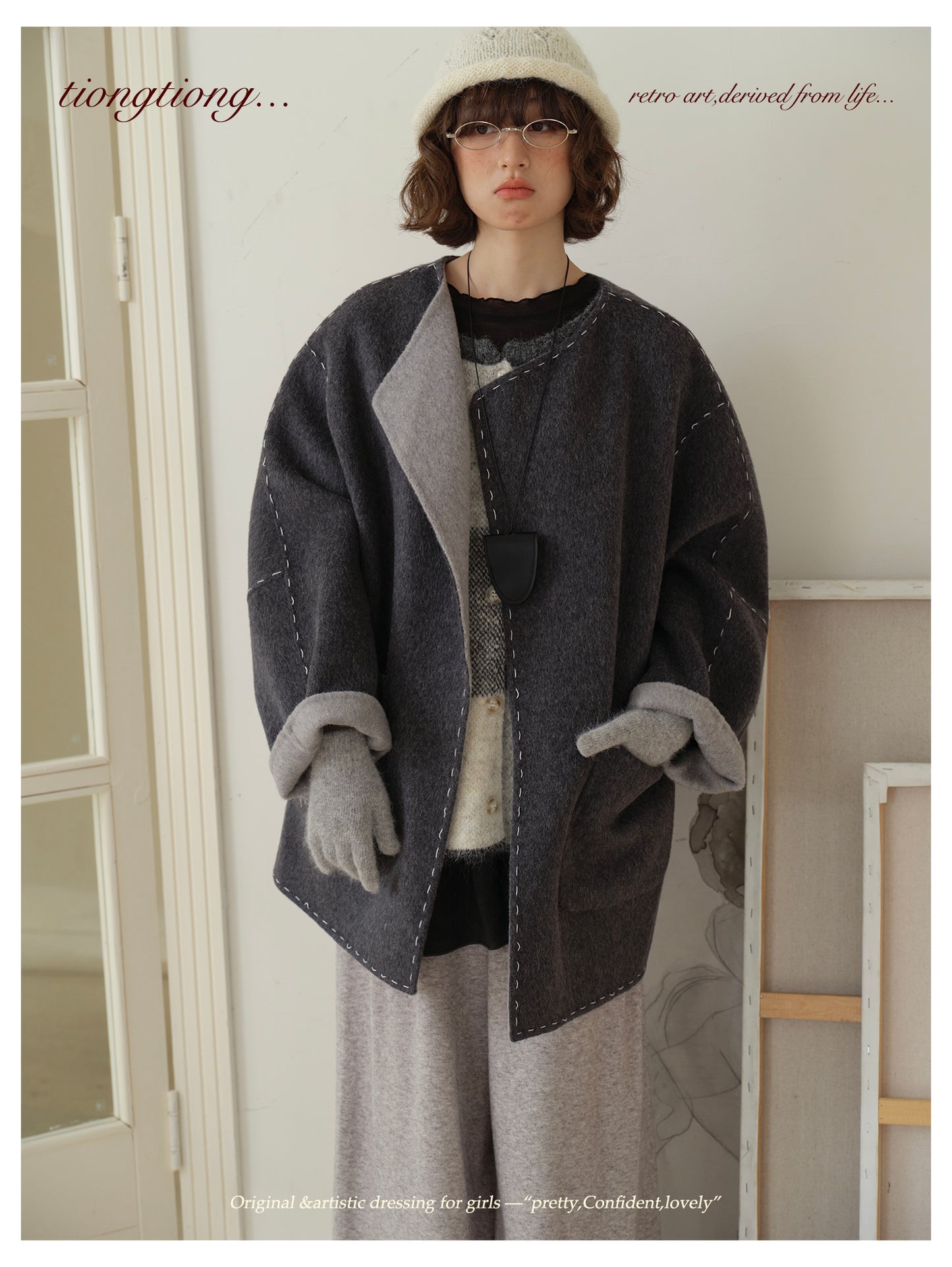 △ダブルフェイスウールで暖か ハンドステッチがポイントに。ドロップショルダーゆったり  ノーカラーコート△