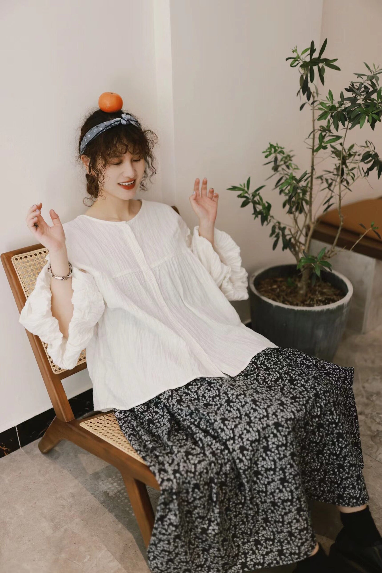 ☆たっぷりギャザー使いでふんわりシルエット☆ドロップショルダー コットンガーゼシャツ☆