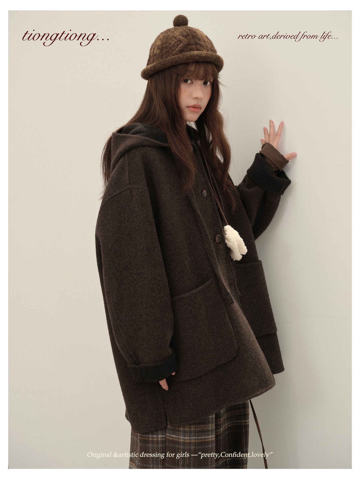 3色展開◇ダブルフェイス カシミア×メリノウールで暖かドロップショルダーゆったり フーディーコート◇