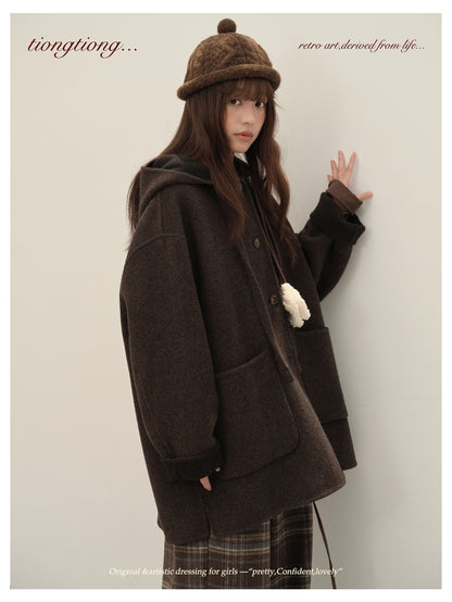 3色展開◇ダブルフェイス カシミア×メリノウールで暖かドロップショルダーゆったり フーディーコート◇