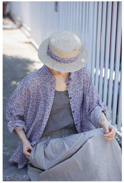 ◇小花柄で品のあるゆったりシルエット ドロップショルダーコットンシルクシャツ◇M/Lサイズ