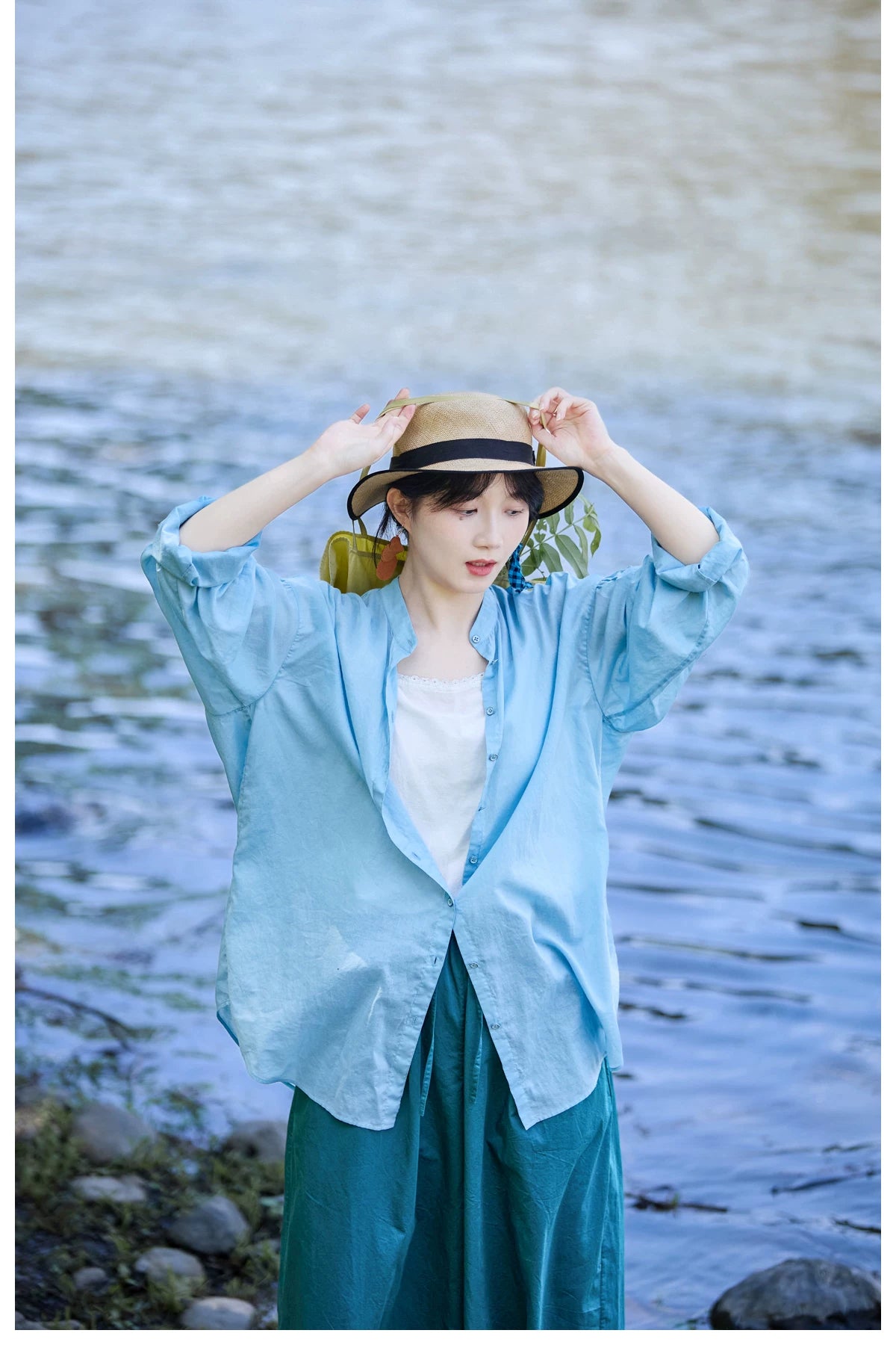 爽やかなライトブルー◇コットンドロップショルダー ゆったりシルエットバンドカラーシャツ◇ S/M/Lサイズ