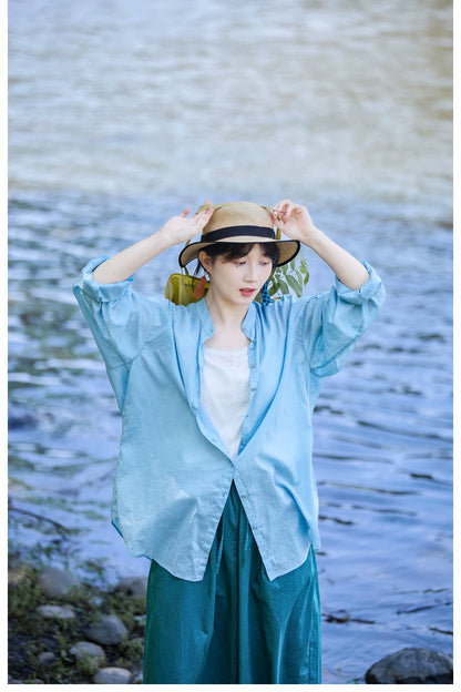 爽やかなライトブルー◇コットンドロップショルダー ゆったりシルエットバンドカラーシャツ◇ S/M/Lサイズ
