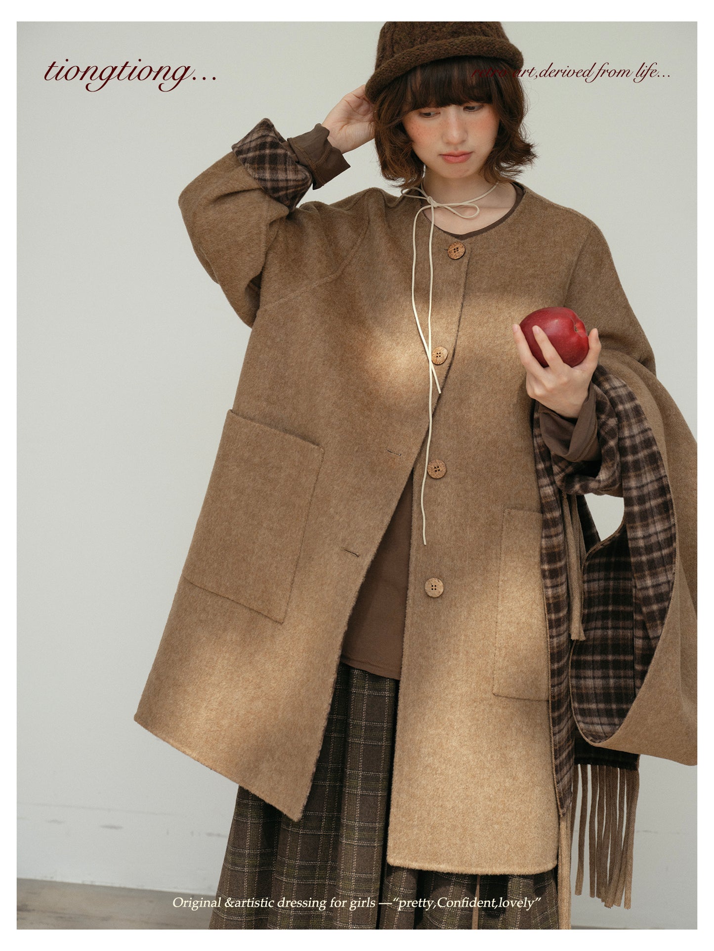 △リバーシブル ダブルフェイスウールで暖か ゆったり  ノーカラーコート△