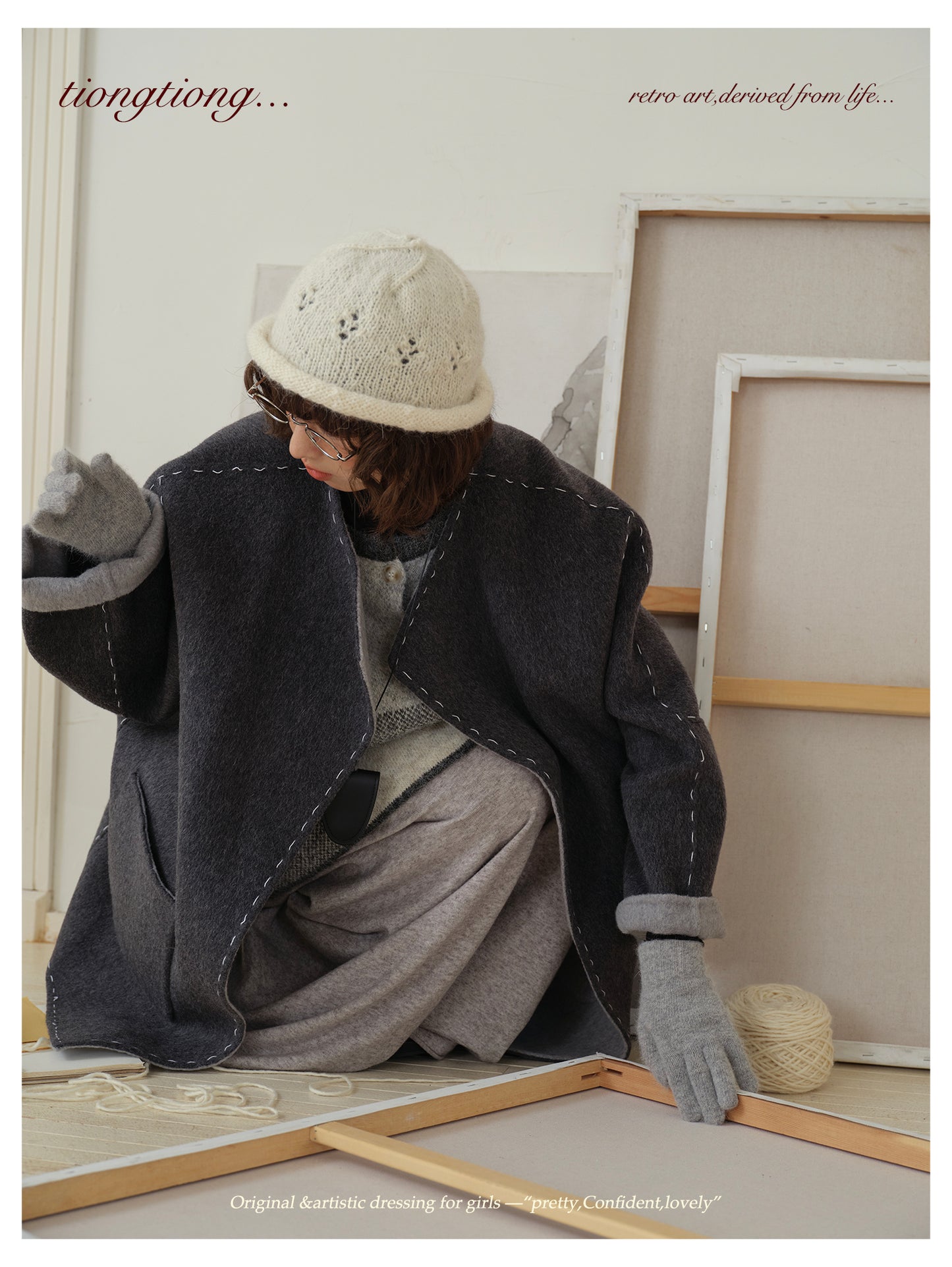 △ダブルフェイスウールで暖か ハンドステッチがポイントに。ドロップショルダーゆったり  ノーカラーコート△