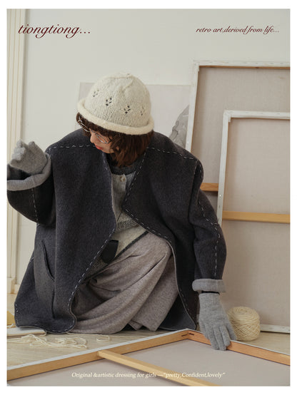 △ダブルフェイスウールで暖か ハンドステッチがポイントに。ドロップショルダーゆったり  ノーカラーコート△