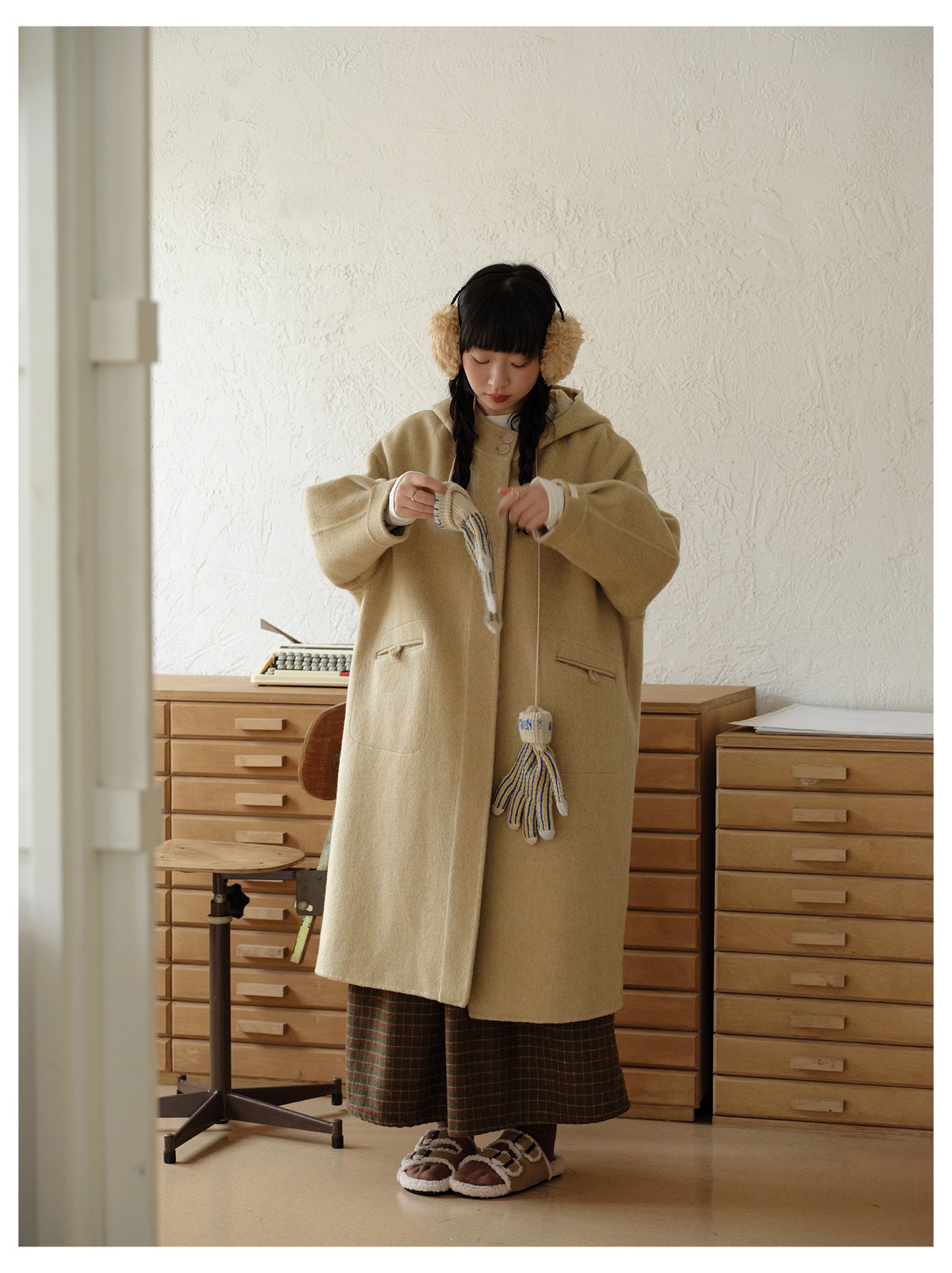 ◇ダブルフェイス メリノウールで暖かドロップショルダーゆったり フーディーコート◇