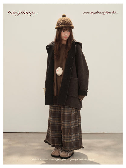 3色展開◇ダブルフェイス カシミア×メリノウールで暖かドロップショルダーゆったり フーディーコート◇