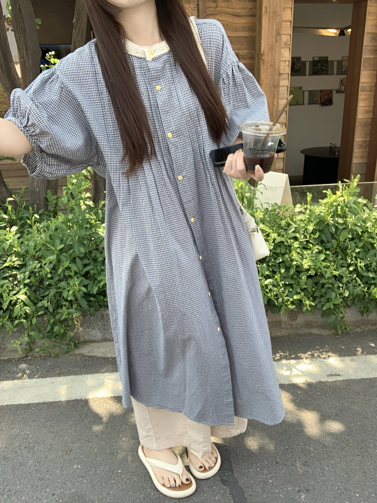 ☆ゆったりシルエット パフスリーブ ギンガムチェック ワンピース☆S～XLサイズ