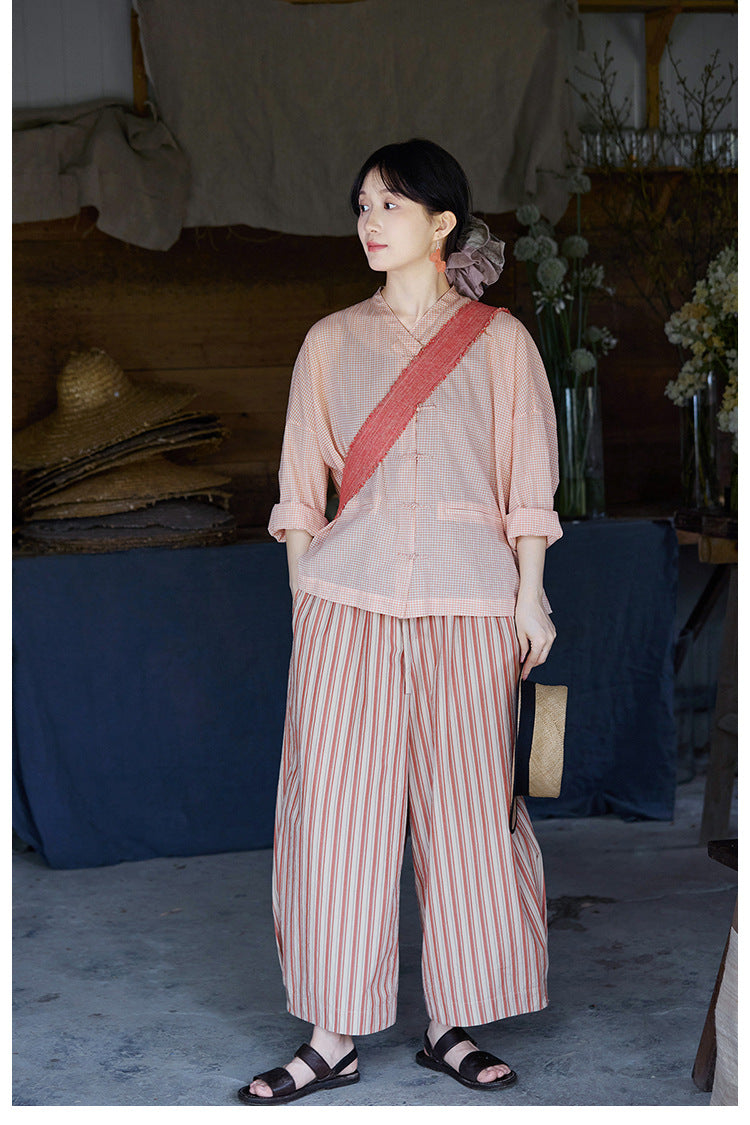 ◇コットンバンドカラー ゆったりシルエット ドロップショルダー チャイナボタン長袖 ブラウス◇