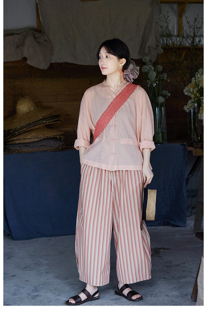 ◇コットンバンドカラー ゆったりシルエット ドロップショルダー チャイナボタン長袖 ブラウス◇