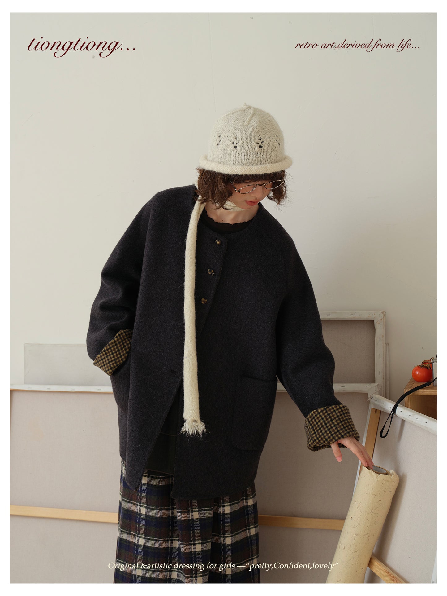 △ダブルフェイスウール×キャメルで暖か ドロップショルダーゆったり  ノーカラーコート△