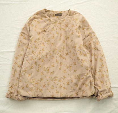 2色展開◇美しい小花柄プリント コットン中綿入りで保温性もある◇ドロップショルダーオリエンタル プルオーバー◇