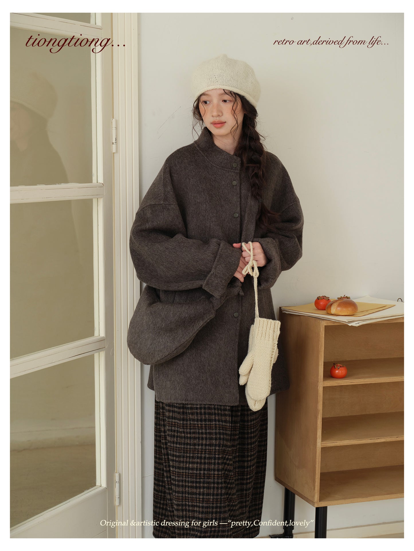 ２色展開△ダブルフェイスウール×キャメルで暖か ドロップショルダーゆったり  スタンドカラーコート△バッグ付き