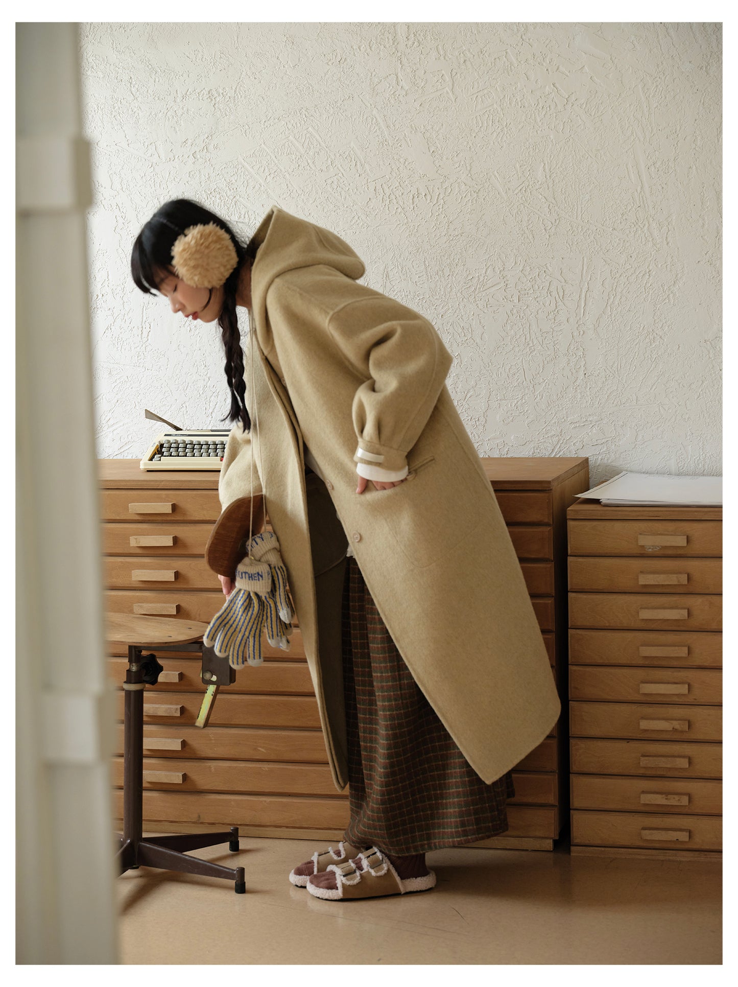 ◇ダブルフェイス メリノウールで暖かドロップショルダーゆったり フーディーコート◇