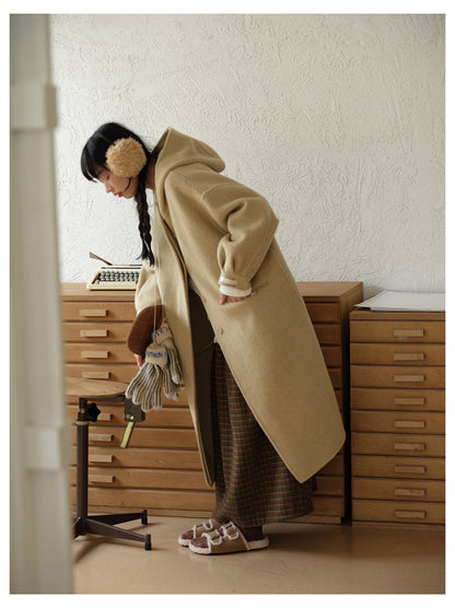 ◇ダブルフェイス メリノウールで暖かドロップショルダーゆったり フーディーコート◇