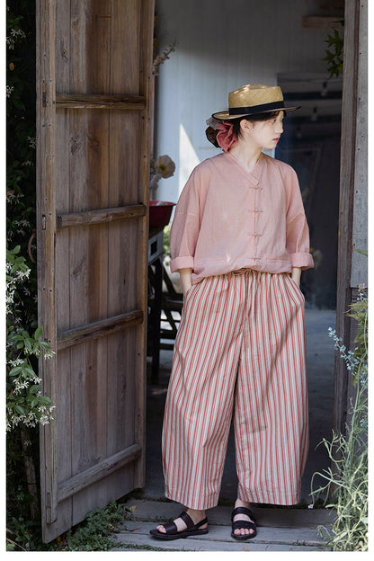 ◇コットンバンドカラー ゆったりシルエット ドロップショルダー チャイナボタン長袖 ブラウス◇