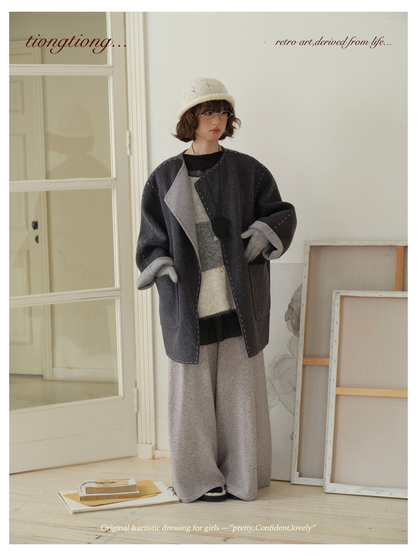 △ダブルフェイスウールで暖か ハンドステッチがポイントに。ドロップショルダーゆったり  ノーカラーコート△