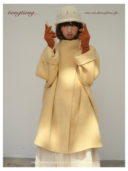 3色展開◇ダブルフェイス ウール×キャメルウールで暖かドロップショルダーゆったりコート◇バッグ付き