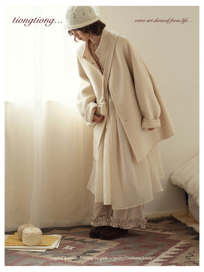 ２色展開△ダブルフェイスウール×キャメルで暖か ドロップショルダーゆったり  スタンドカラーコート△バッグ付き