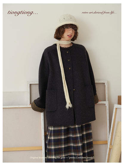 △ダブルフェイスウール×キャメルで暖か ドロップショルダーゆったり  ノーカラーコート△