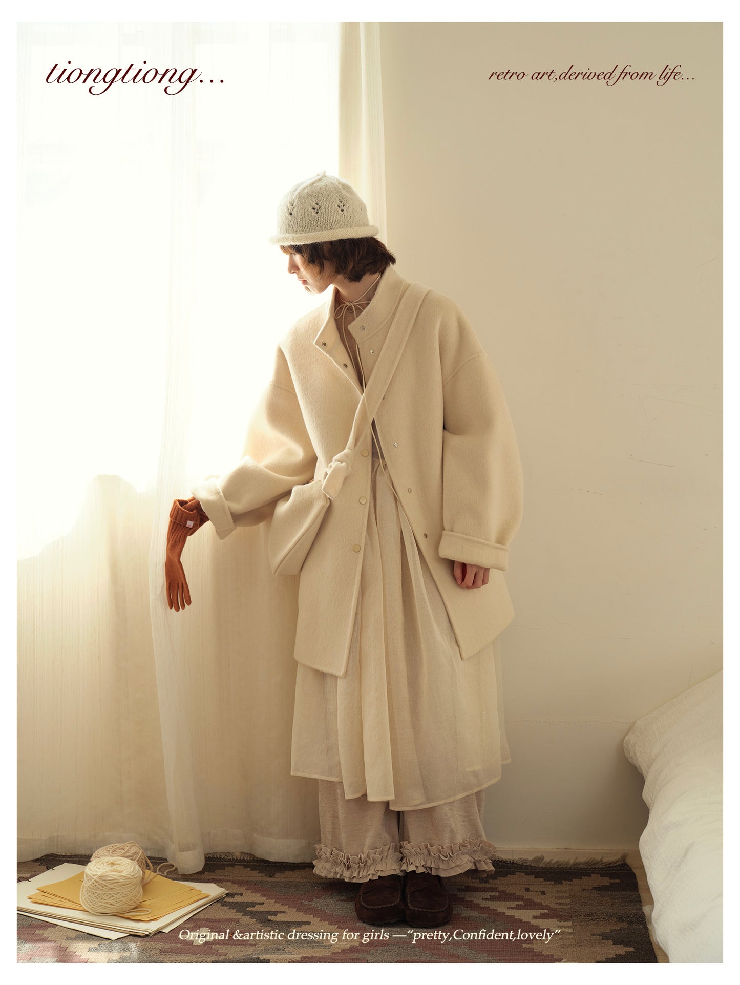 ２色展開△ダブルフェイスウール×キャメルで暖か ドロップショルダーゆったり  スタンドカラーコート△バッグ付き