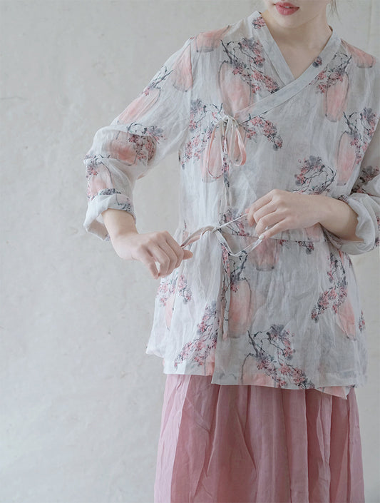 ◇水彩プリントが美しい◇ラミーカシュクールラップシャツ ◇