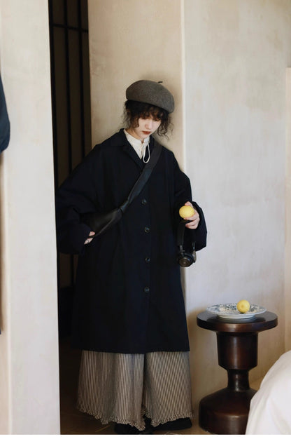 ブラックネイビーの絶妙な色味もかっこいい◇ドロップショルダー  コットンゆったりスプリングコート◇