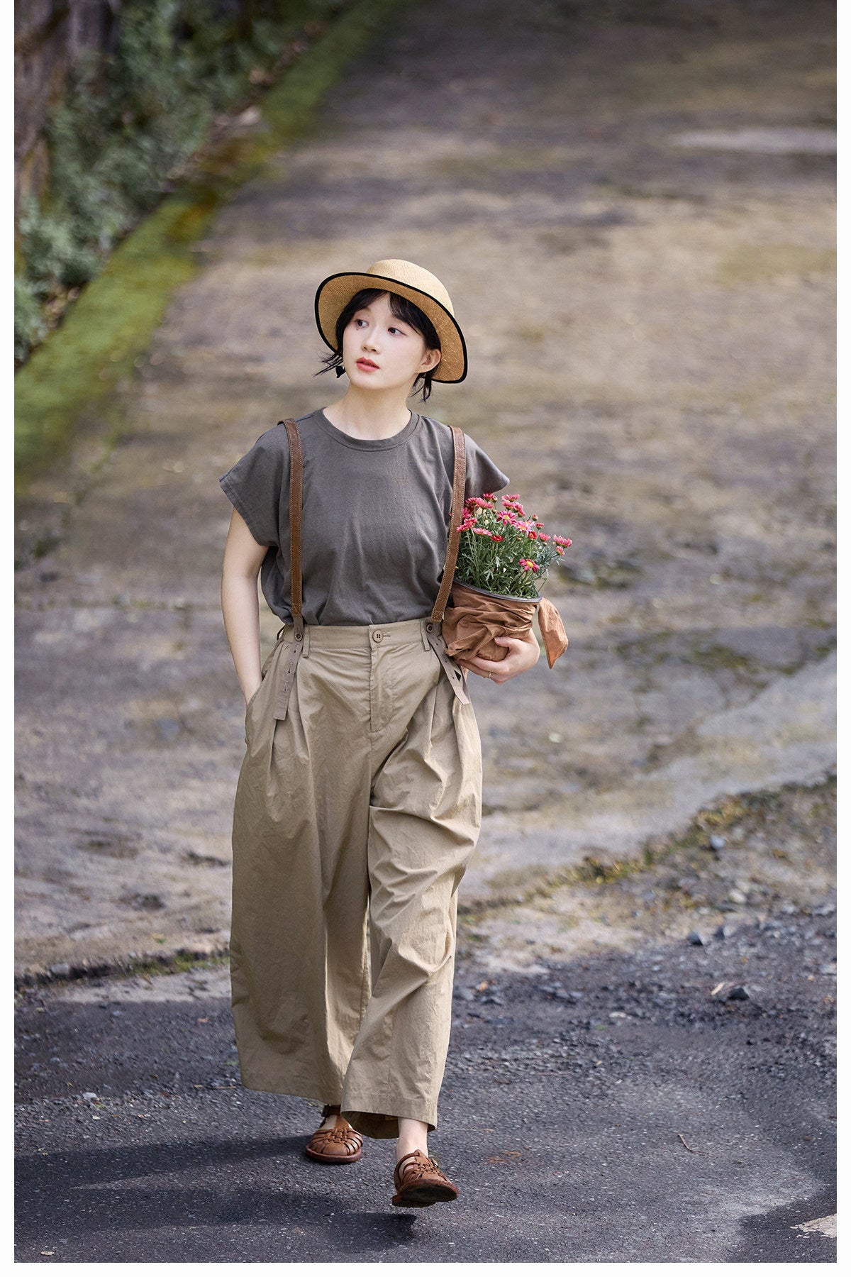 ◇コットン  サスペンダー付きフルレングスワイド イージーパンツ◇S/M/L